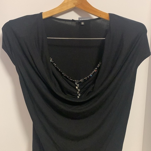 BODY FLIRT BLACK BLOUSE WITH COWL LIKE NECKLINE WITH BLING LIKE UNDERLINING - Picture 4 of 7